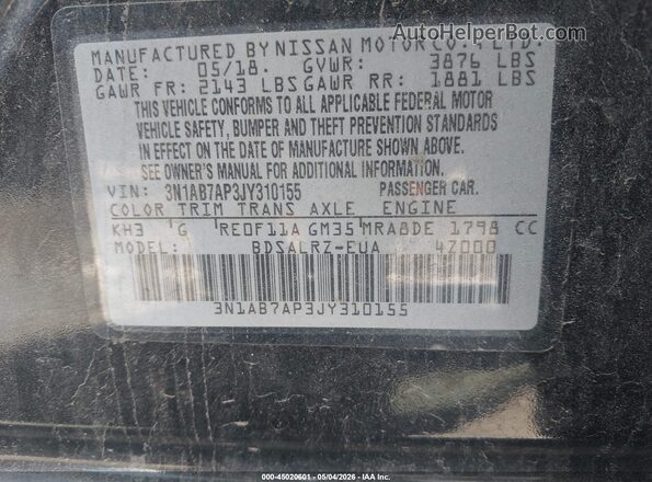 3N1AB7AP3JY310155 2018 NISSAN SENTRA Black Engine compartment view