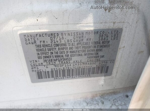 3N1AB7AP3JY344533 2018 NISSAN SENTRA White Вид підкапотного простору