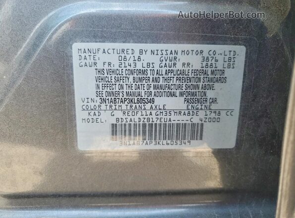 3N1AB7AP3KL605349 2019 NISSAN SENTRA Gray VIN კოდის სტიკერის ხედი