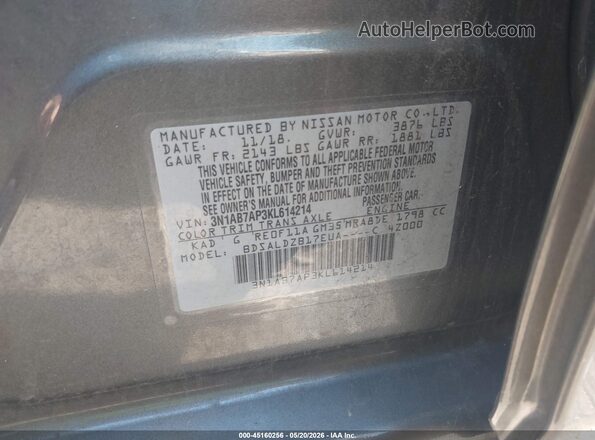 3N1AB7AP3KL614214 2019 NISSAN SENTRA Gray ძრავის განყოფილების ხედი
