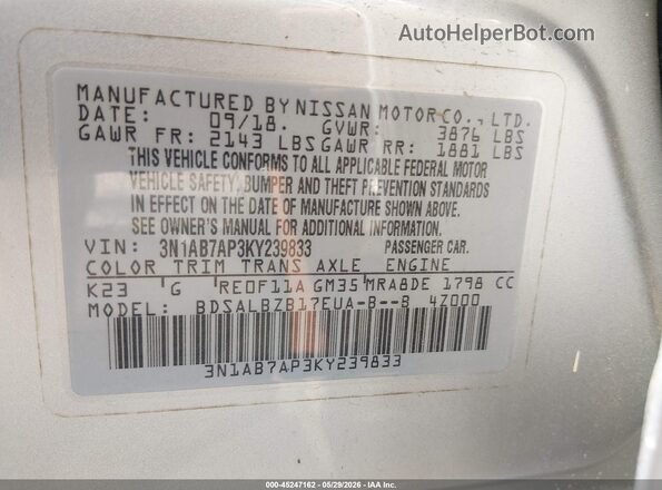 3N1AB7AP3KY239833 2019 NISSAN SENTRA Silver Vista del compartimento del motor
