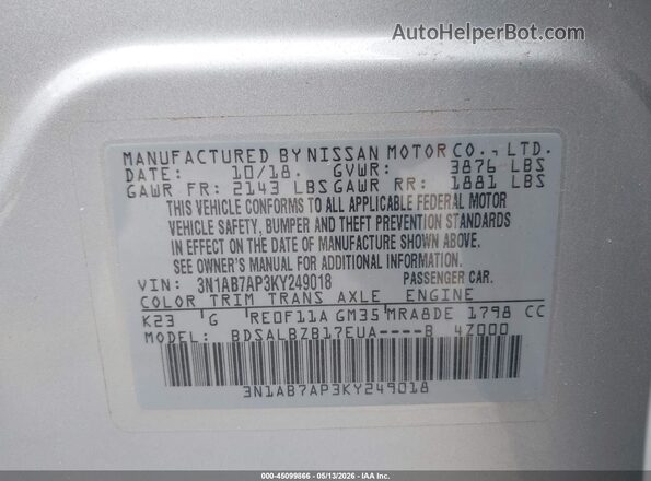 3N1AB7AP3KY249018 2019 NISSAN SENTRA Silver Вид підкапотного простору