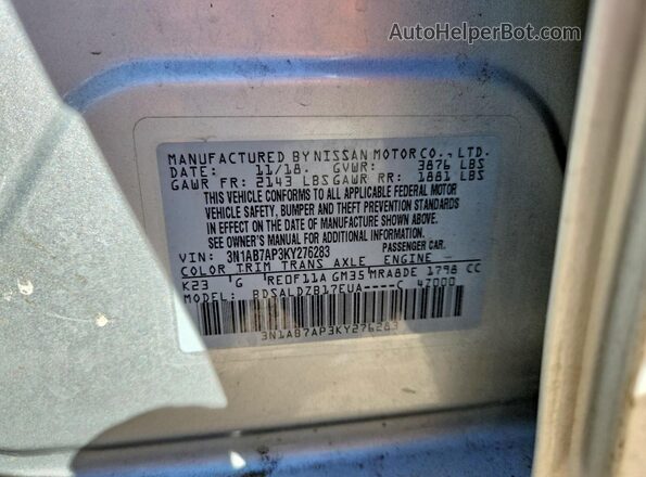 3N1AB7AP3KY276283 2019 NISSAN SENTRA Silver 