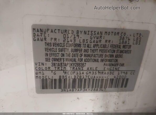 3N1AB7AP3KY288367 2019 NISSAN SENTRA White Вид підкапотного простору