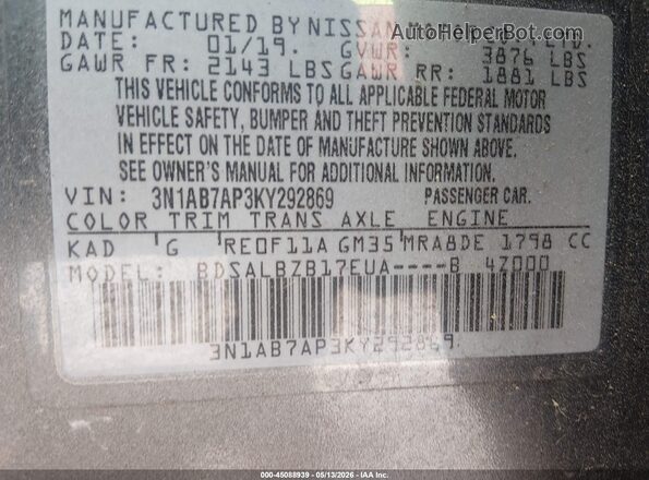 3N1AB7AP3KY292869 2019 NISSAN SENTRA Серый 