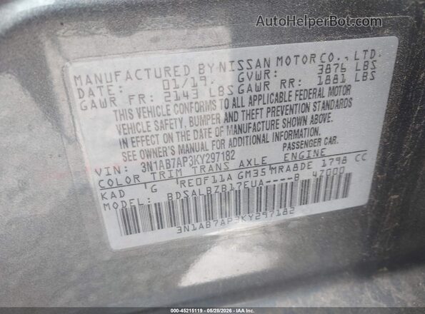 3N1AB7AP3KY297182 2019 NISSAN SENTRA Gray ძრავის განყოფილების ხედი