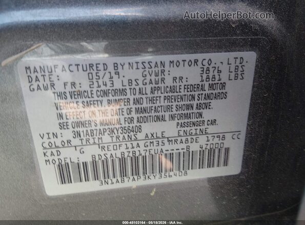 3N1AB7AP3KY356408 2019 NISSAN SENTRA Gray ძრავის განყოფილების ხედი