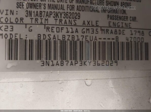 3N1AB7AP3KY362029 2019 NISSAN SENTRA Silver Vista del compartimento del motor