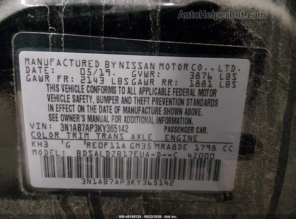 3N1AB7AP3KY365142 2019 NISSAN SENTRA Black Вид підкапотного простору