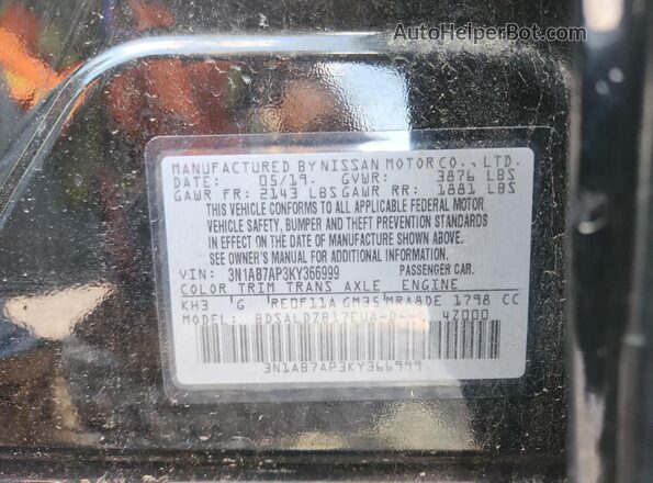 3N1AB7AP3KY366999 2019 NISSAN SENTRA Black 