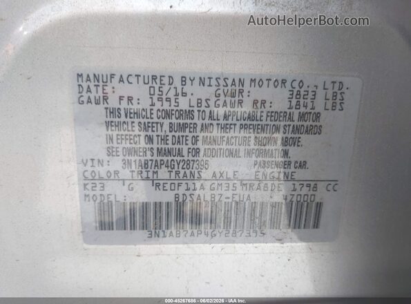3N1AB7AP4GY287395 2016 NISSAN SENTRA Серебряный Вид подкапотного пространства