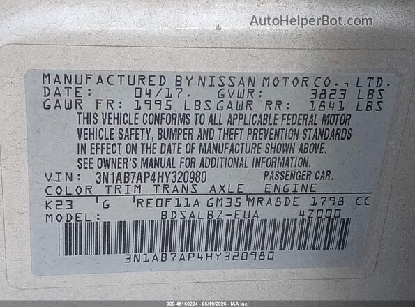 3N1AB7AP4HY320980 2017 NISSAN SENTRA Silver Engine compartment view