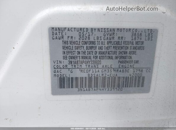 3N1AB7AP4HY339920 2017 NISSAN SENTRA White Vista del compartimento del motor