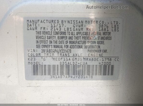 3N1AB7AP4JY231478 2018 NISSAN SENTRA Silver Вид підкапотного простору