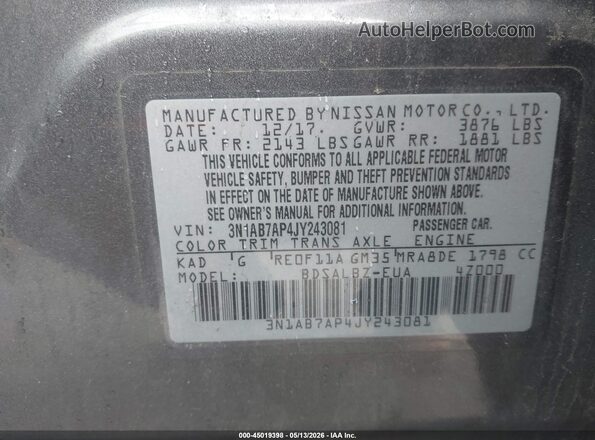 3N1AB7AP4JY243081 2018 NISSAN SENTRA Серый 