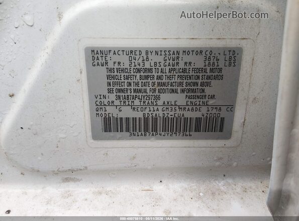 3N1AB7AP4JY297366 2018 NISSAN SENTRA White Widok komory silnika