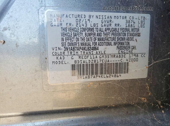 3N1AB7AP4KL624864 2019 NISSAN SENTRA Серый 