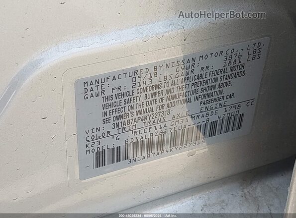 3N1AB7AP4KY227318 2019 NISSAN SENTRA Silver Շարժիչի բաժամունքի տեսք