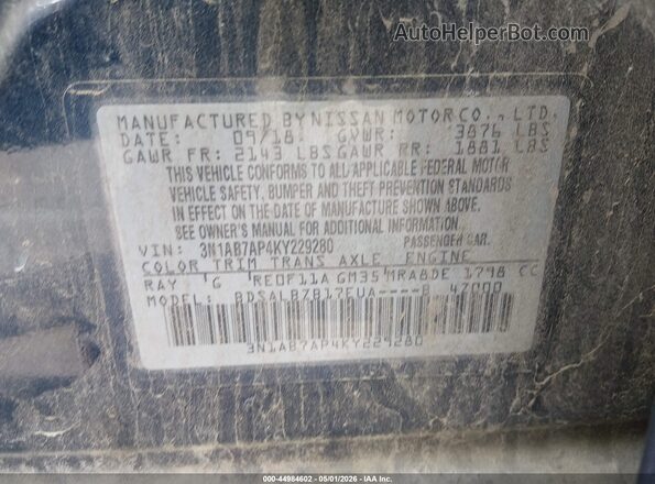 3N1AB7AP4KY229280 2019 NISSAN SENTRA Синий 
