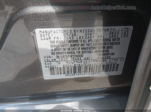 3N1AB7AP4KY240490 2019 NISSAN SENTRA Серый 