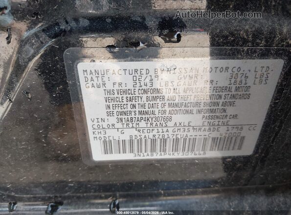 3N1AB7AP4KY307668 2019 NISSAN SENTRA Black Vista del compartimento del motor