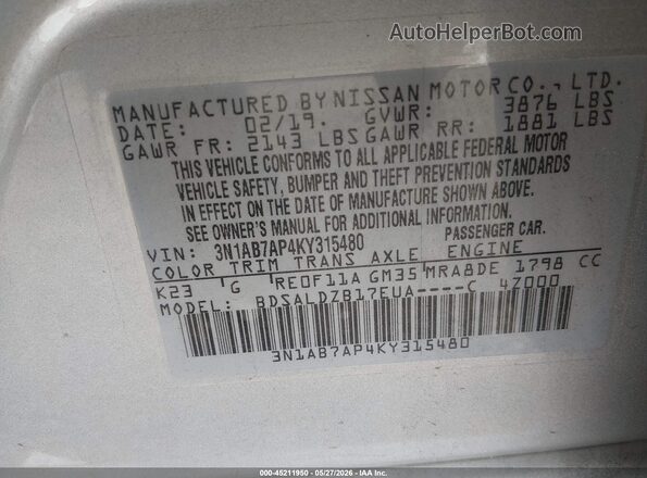 3N1AB7AP4KY315480 2019 NISSAN SENTRA Silver Շարժիչի բաժամունքի տեսք