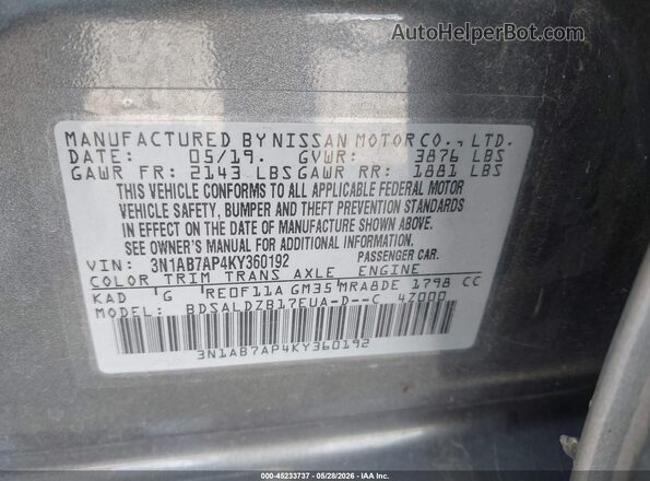 3N1AB7AP4KY360192 2019 NISSAN SENTRA Gray ძრავის განყოფილების ხედი