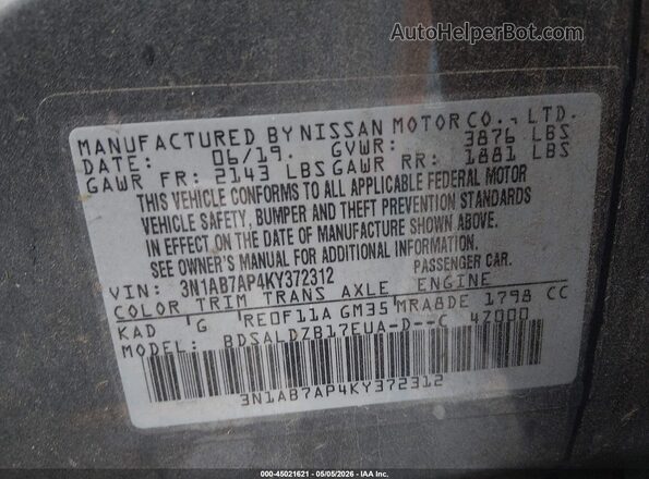 3N1AB7AP4KY372312 2019 NISSAN SENTRA Gray Շարժիչի բաժամունքի տեսք