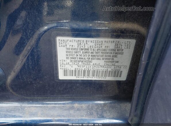3N1AB7AP4KY402540 2019 NISSAN SENTRA Blue 