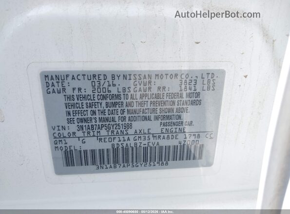 3N1AB7AP5GY251988 2016 NISSAN SENTRA Белый Вид подкапотного пространства