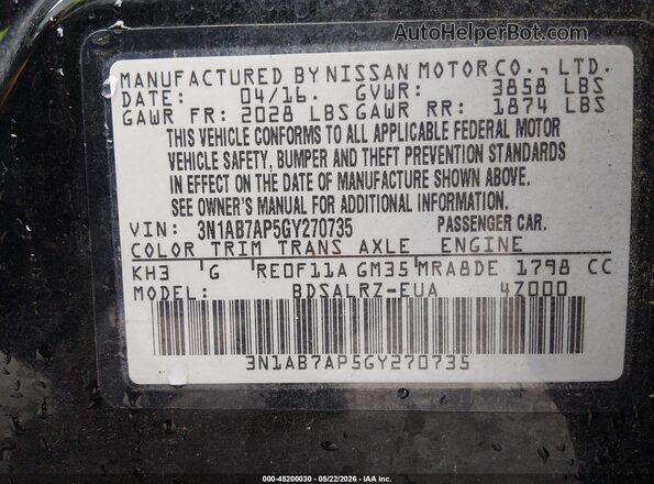 3N1AB7AP5GY270735 2016 NISSAN SENTRA Black Vista del compartimento del motor