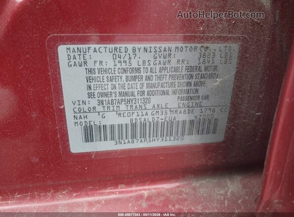 3N1AB7AP5HY311320 2017 NISSAN SENTRA Red ძრავის განყოფილების ხედი