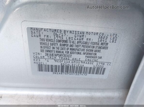3N1AB7AP5HY357472 2017 NISSAN SENTRA Silver Engine compartment view