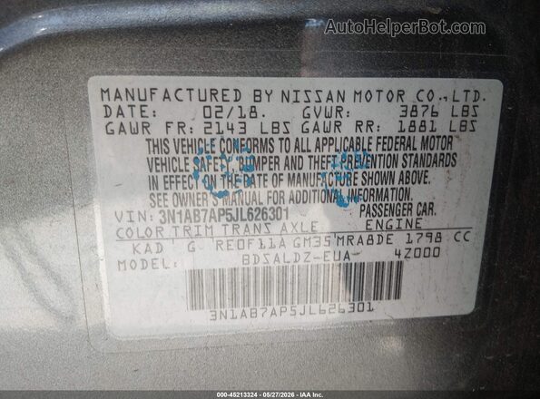 3N1AB7AP5JL626301 2018 NISSAN SENTRA Gray ძრავის განყოფილების ხედი