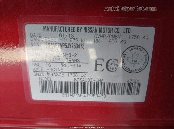 3N1AB7AP5JY253473 2018 NISSAN SENTRA Red ძრავის განყოფილების ხედი