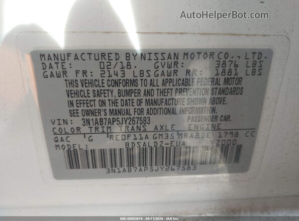 3N1AB7AP5JY267583 2018 NISSAN SENTRA White Շարժիչի բաժամունքի տեսք