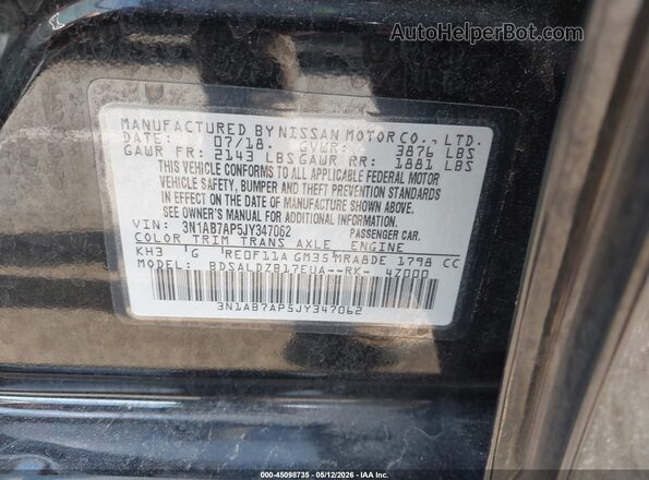 3N1AB7AP5JY347062 2018 NISSAN SENTRA Черный 