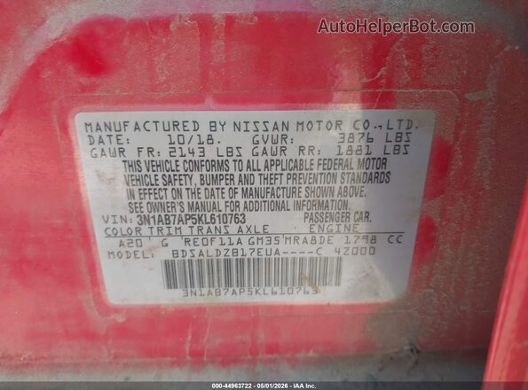 3N1AB7AP5KL610763 2019 NISSAN SENTRA Red 