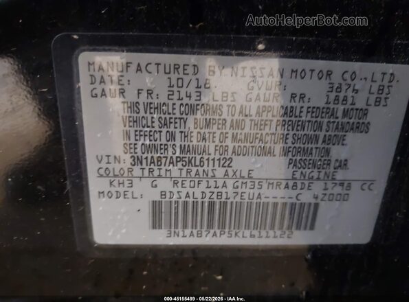 3N1AB7AP5KL611122 2019 NISSAN SENTRA Black Вид підкапотного простору