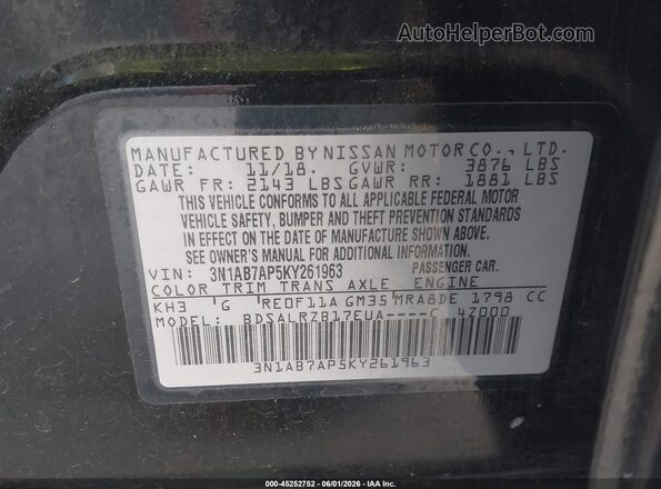 3N1AB7AP5KY261963 2019 NISSAN SENTRA Black Vista del compartimento del motor