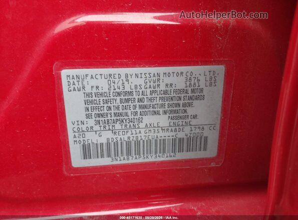 3N1AB7AP5KY340162 2019 NISSAN SENTRA Red Widok komory silnika