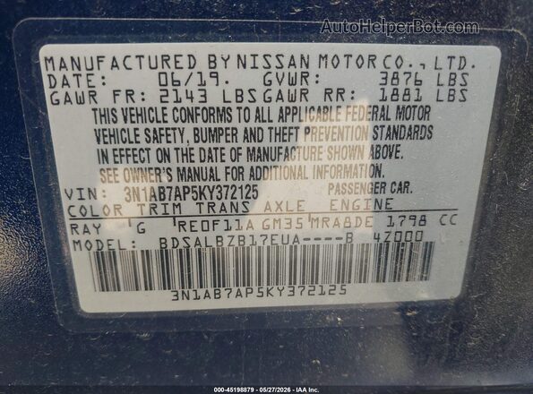 3N1AB7AP5KY372125 2019 NISSAN SENTRA Blue Vista del compartimento del motor