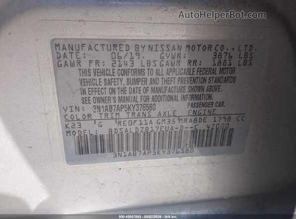 3N1AB7AP5KY376580 2019 NISSAN SENTRA Белый 