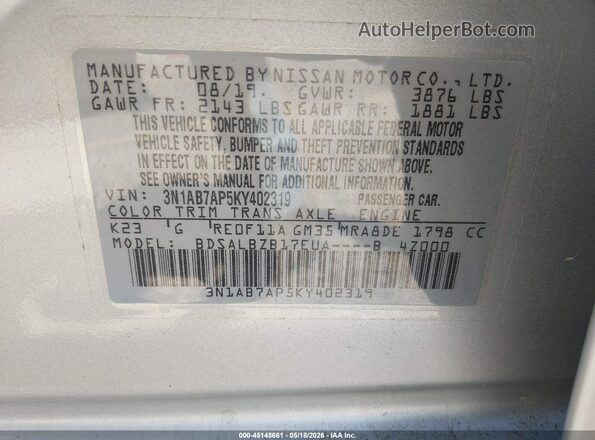 3N1AB7AP5KY402319 2019 NISSAN SENTRA Silver ძრავის განყოფილების ხედი
