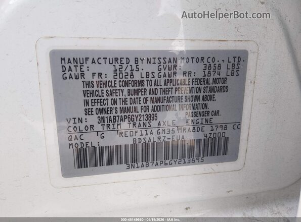 3N1AB7AP6GY213895 2016 NISSAN SENTRA White Շարժիչի բաժամունքի տեսք