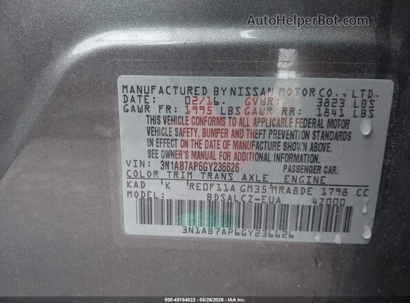 3N1AB7AP6GY236626 2016 NISSAN SENTRA Gray Вид підкапотного простору