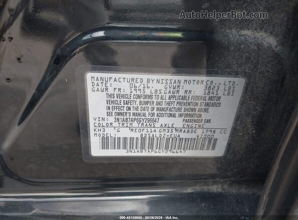 3N1AB7AP6GY296647 2016 NISSAN SENTRA Black ძრავის განყოფილების ხედი