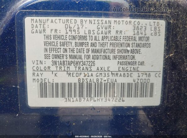 3N1AB7AP6HY347226 2017 NISSAN SENTRA Blue Widok komory silnika