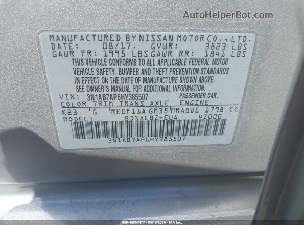 3N1AB7AP6HY385507 2017 NISSAN SENTRA Silver Vista del compartimento del motor