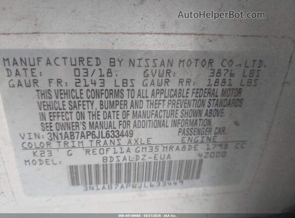 3N1AB7AP6JL633449 2018 NISSAN SENTRA Silver Widok komory silnika